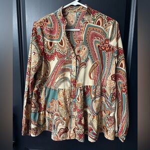 Fall Paisley Floral Long Sleeve Blouse Beige Red Orange Teal Blue Boho Small
